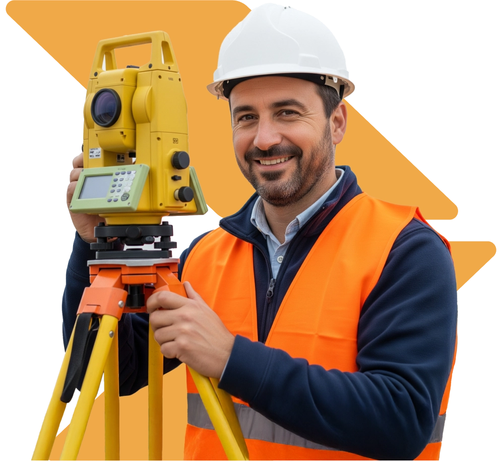 geometra con strumento topografico indossa un casco e un gilet della sicurezza